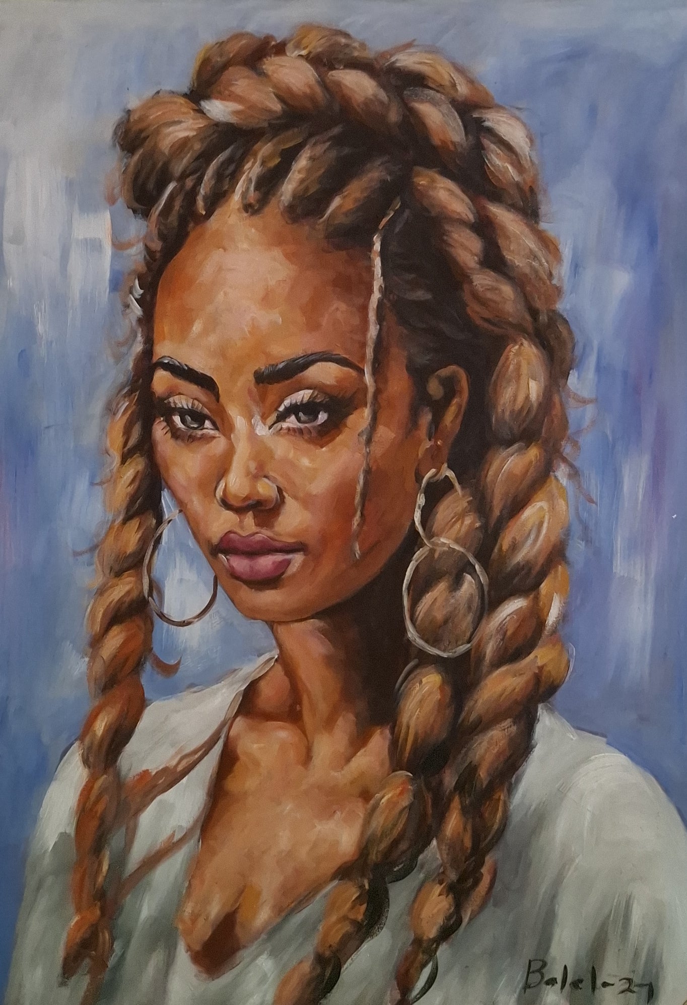 Artistic portrait of a woman with braided hair against a blue background
