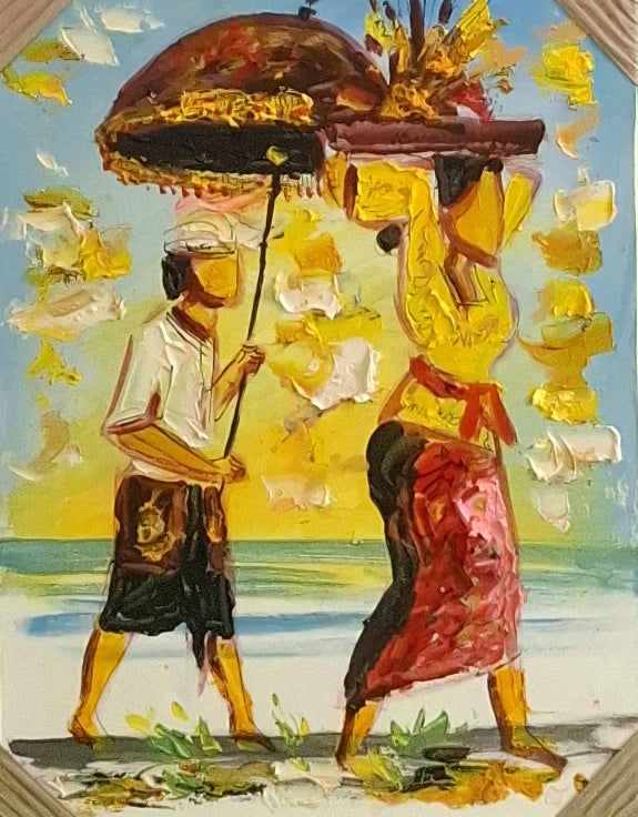 Artistic depiction of two figures with traditional attire and a large hat against a colorful background.