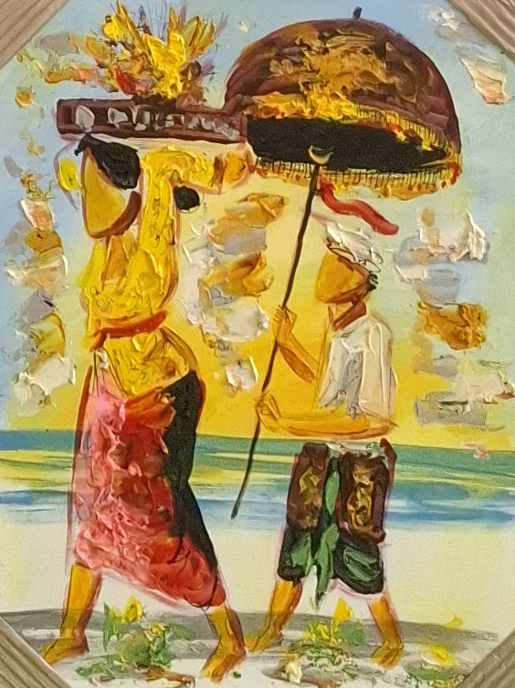 Colorful artwork of two figures with a large hat on a beach.