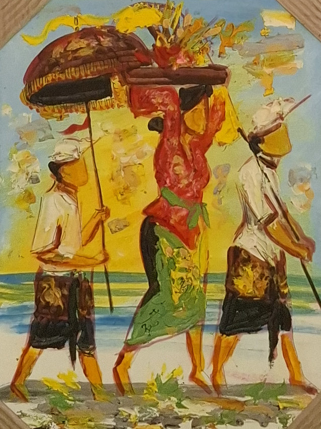 Colorful painting of three figures with traditional attire and accessories against a yellow background