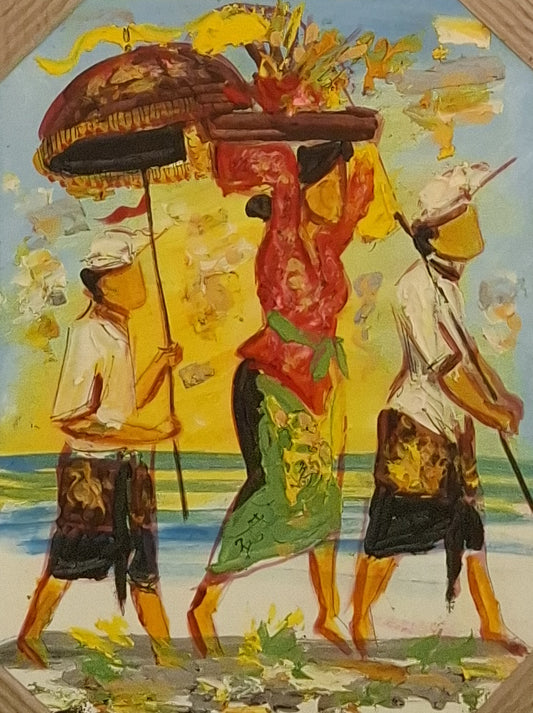 Colorful painting of three figures with traditional attire and accessories against a yellow background