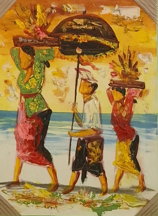 Artistic depiction of people carrying offerings on their heads against a yellow background