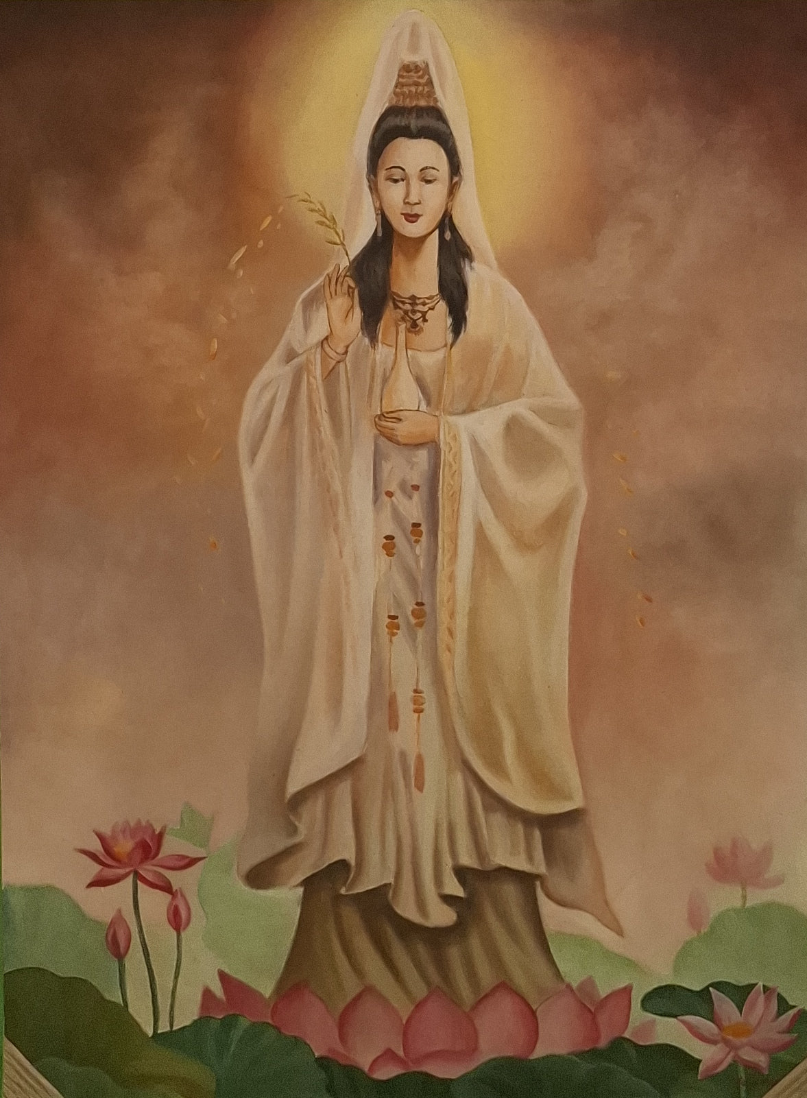 Painting of a figure in a white robe holding a flower, standing on a lotus flower with a soft, warm background.