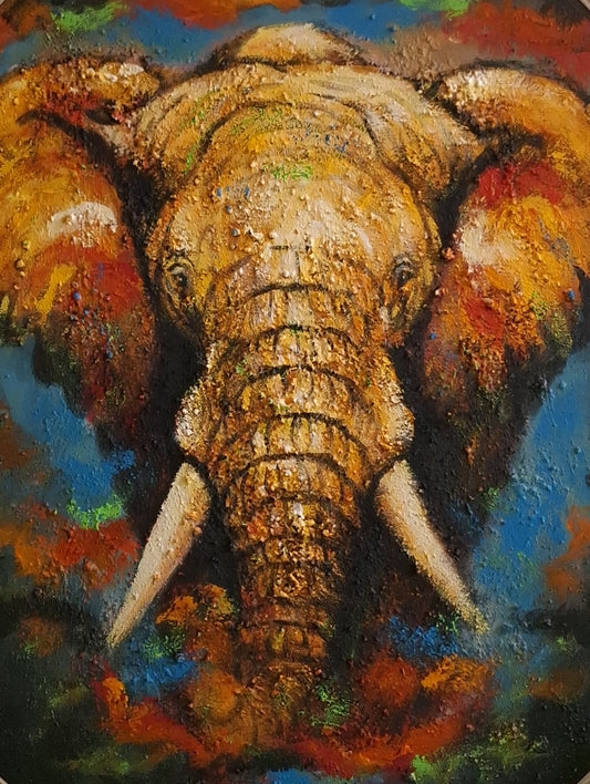 Colorful painting of an elephant's face with textured brushstrokes