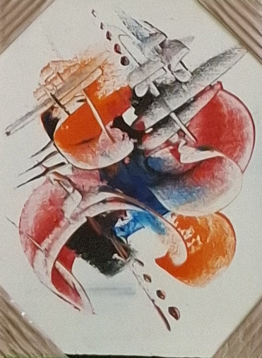 Abstract art with geometric shapes and vibrant colors on a white background