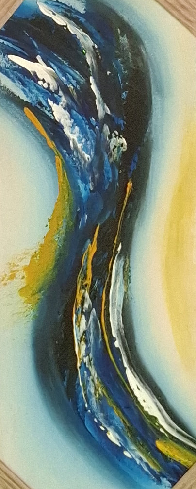 Abstract art with swirling blue, yellow, and white colors on a textured surface.