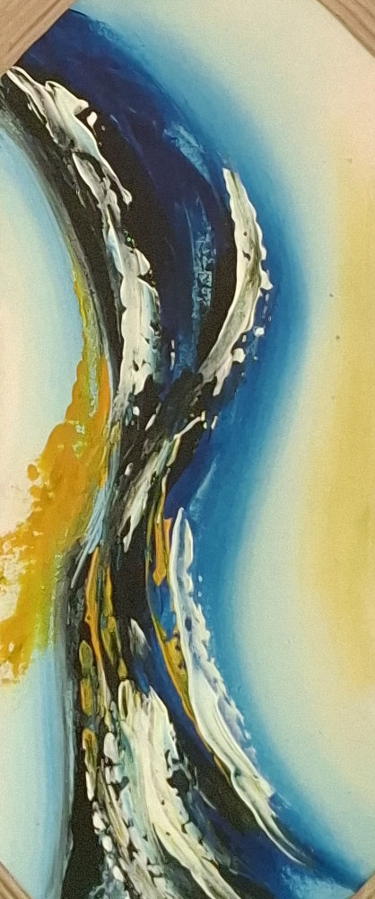 Abstract art with blue, yellow, and white colors on a textured surface