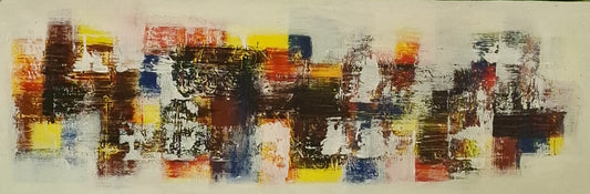 Abstract art with geometric shapes in red, yellow, blue, and black on a white background