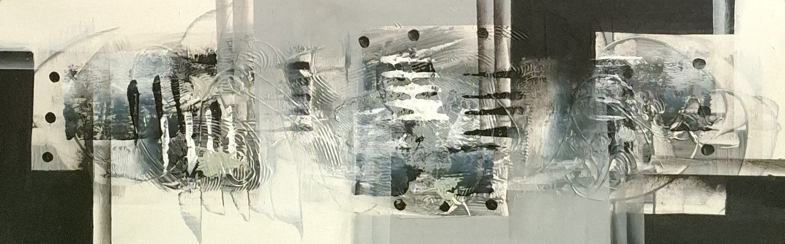 Abstract art piece with black, white, and gray tones on a white background