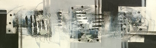 Abstract art piece with black, white, and gray tones on a white background