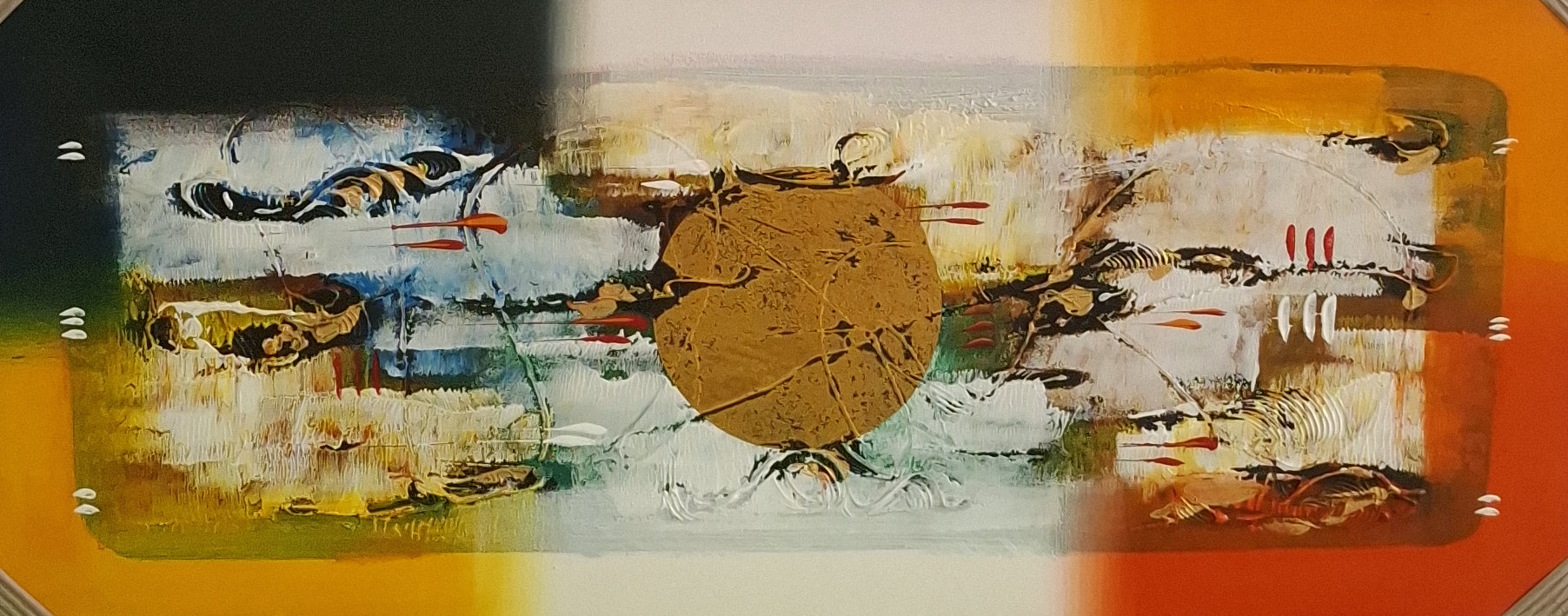 Abstract artwork with a central circular object on an orange background