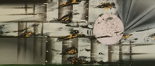 Abstract art piece with geometric shapes and patterns on a textured surface