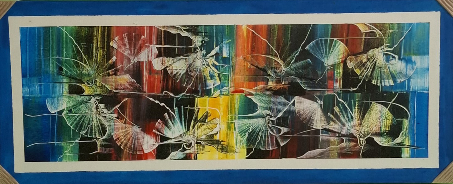 Abstract artwork with butterfly-like shapes on a colorful background