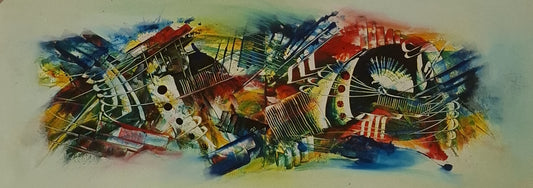 Abstract artwork with vibrant colors and dynamic shapes on a white background