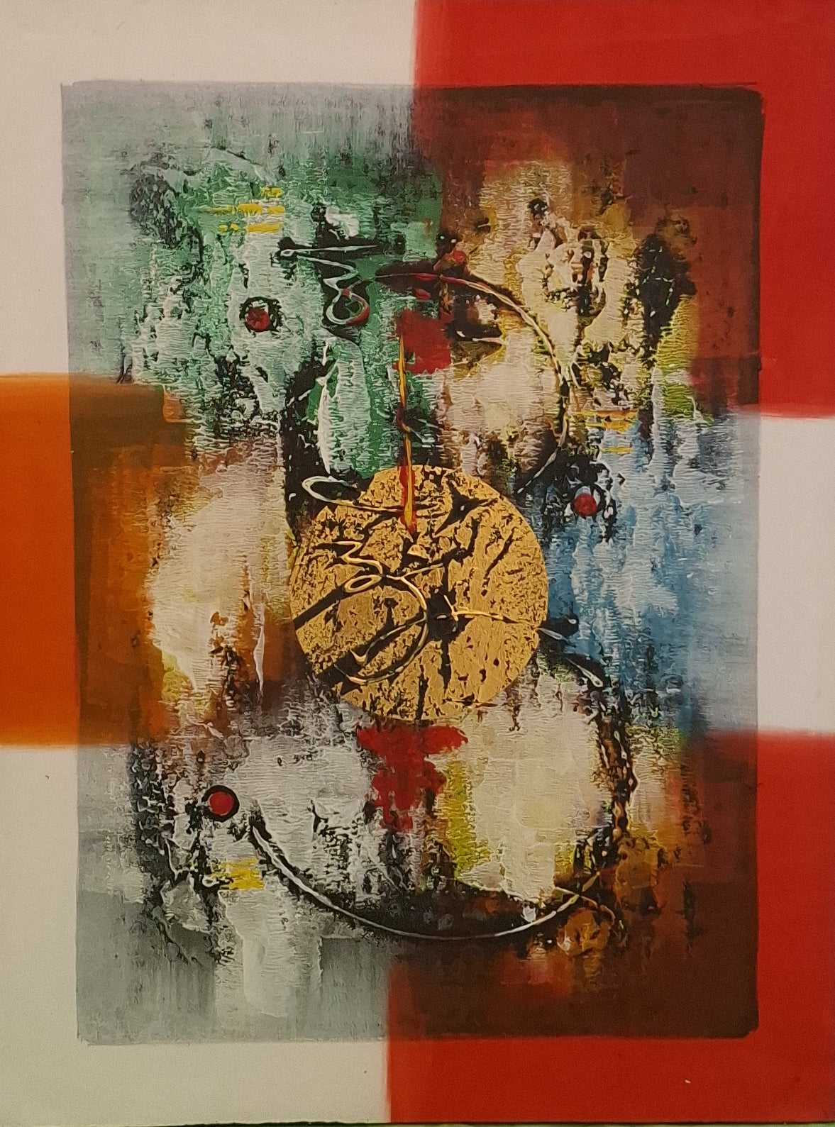 Abstract art piece with a central clock-like design on a multicolored background