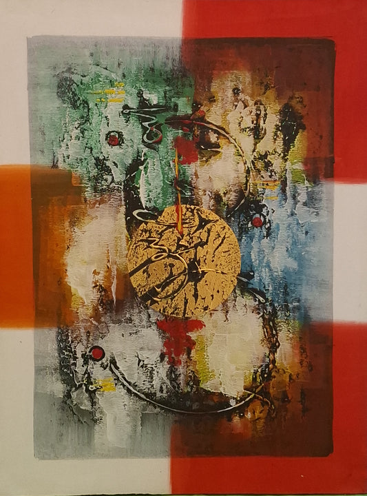 Abstract art piece with a central clock-like design on a multicolored background