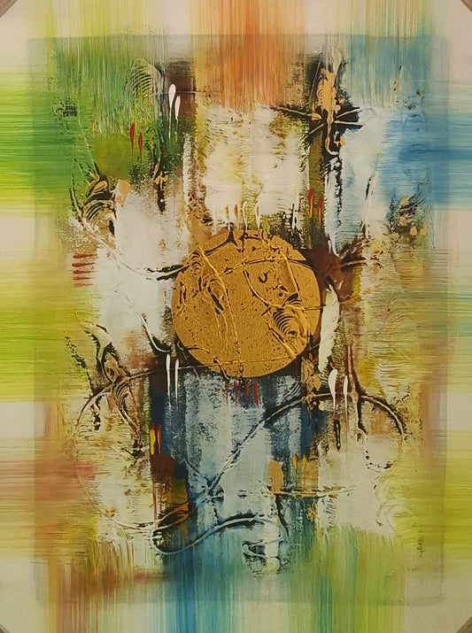 Abstract art with a central gold circle surrounded by colorful brush strokes