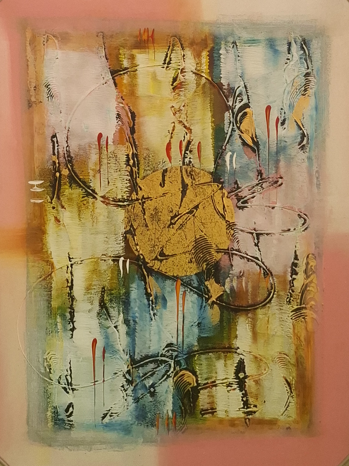 Abstract art piece with a central gold circle on a pink background