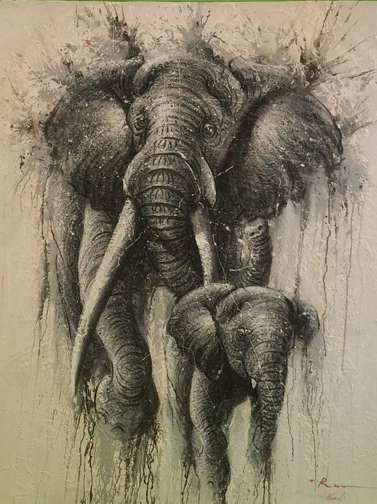 Artistic depiction of an elephant and its calf on a textured background