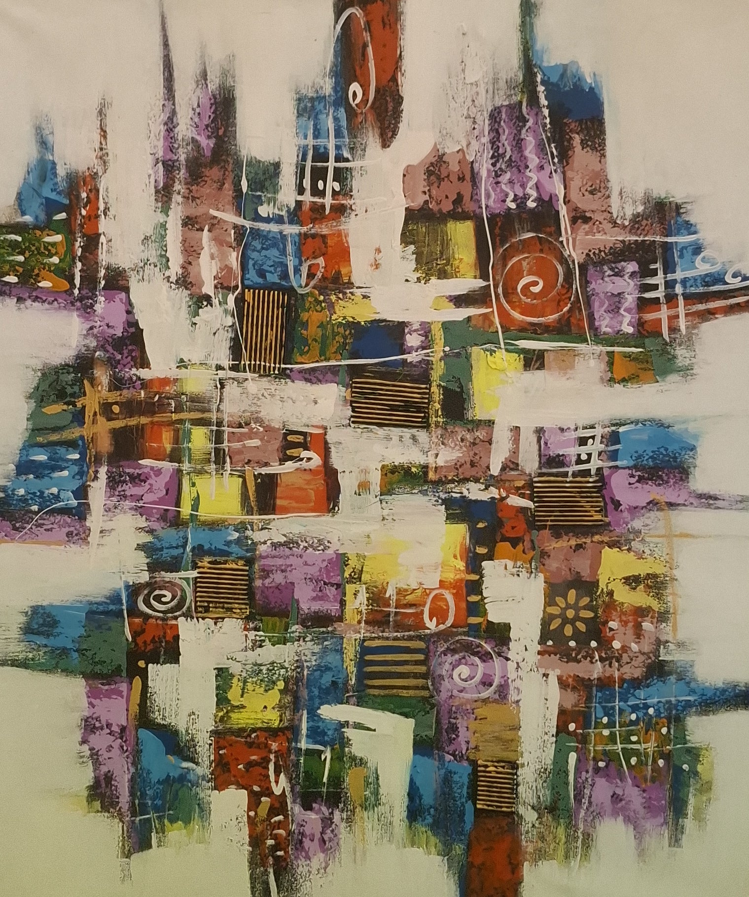 Abstract artwork with colorful geometric shapes on a white background