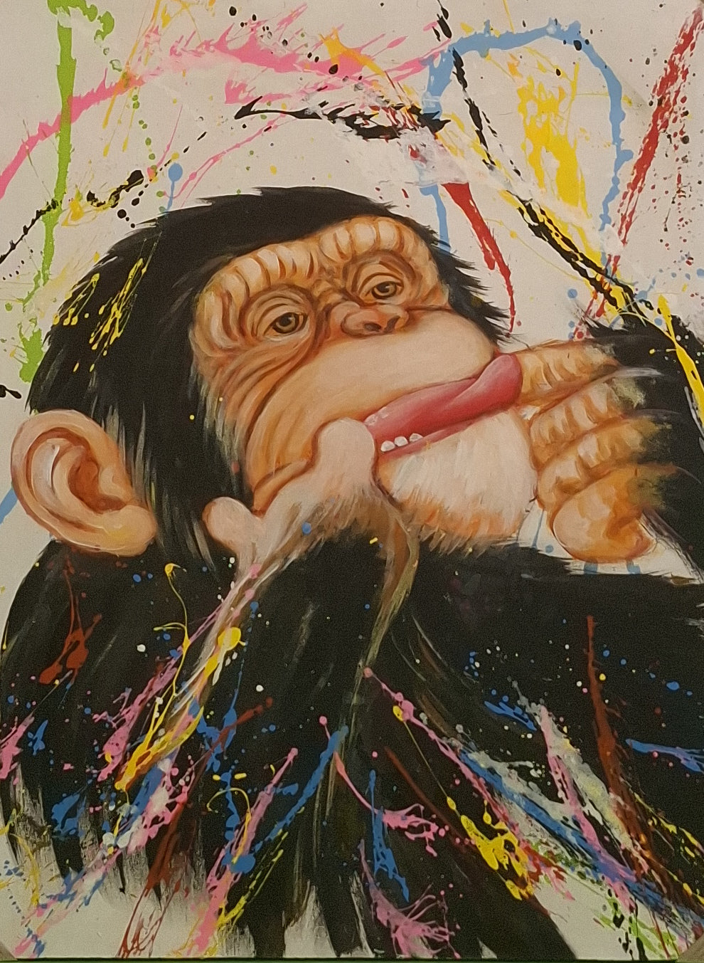 Colorful abstract painting of a monkey with a wide-open mouth.