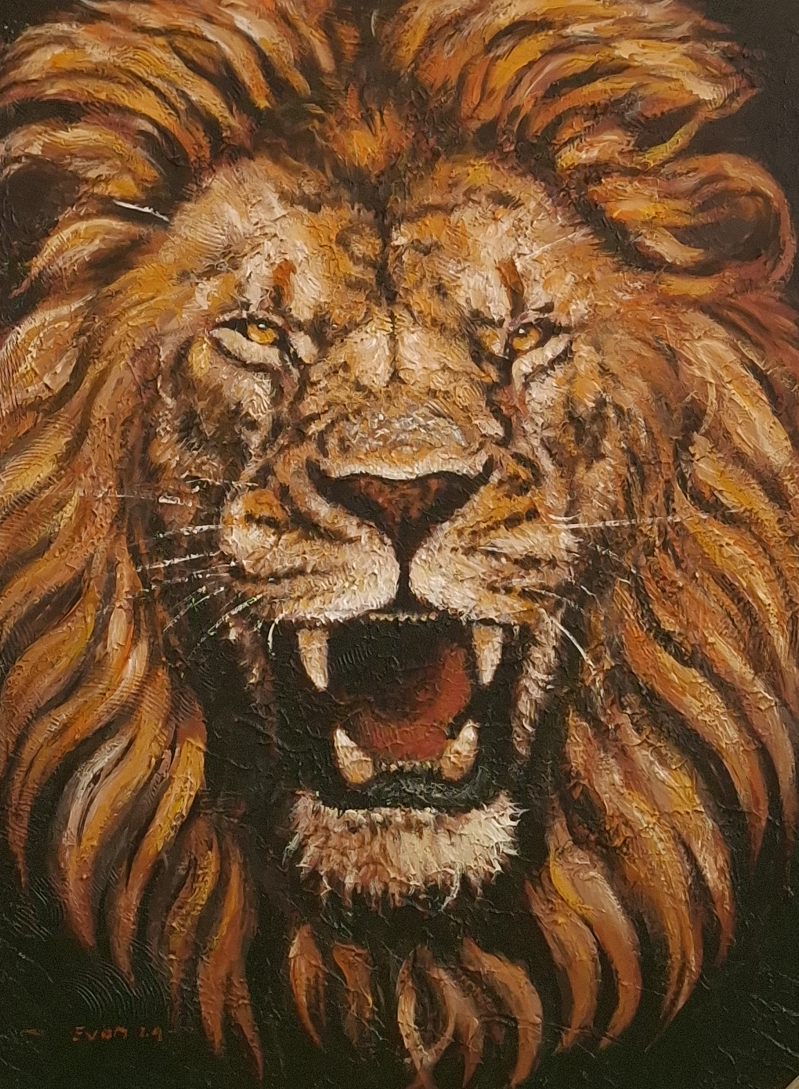 Close-up of a roaring lion with detailed fur and expression