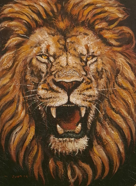 Close-up of a roaring lion with detailed fur and expression