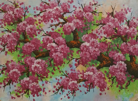 Painting of cherry blossoms with pink flowers and green leaves on a light background