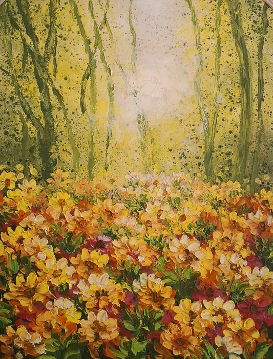 Painting of a field of flowers with trees in the background