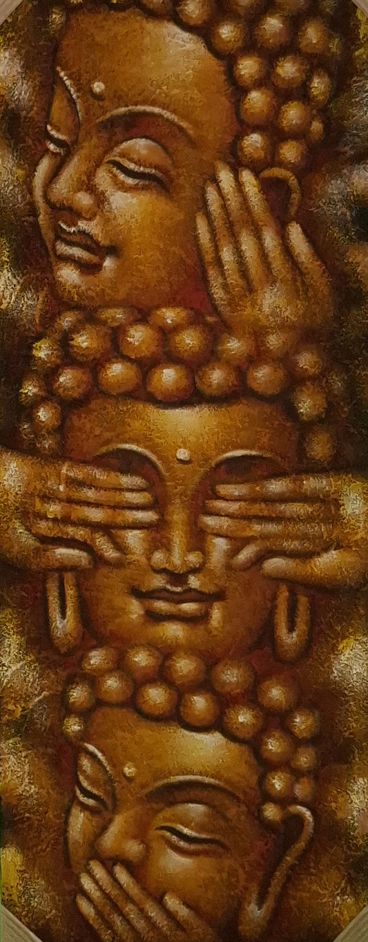 Wooden carving of three faces with hands over eyes, ears, and mouth