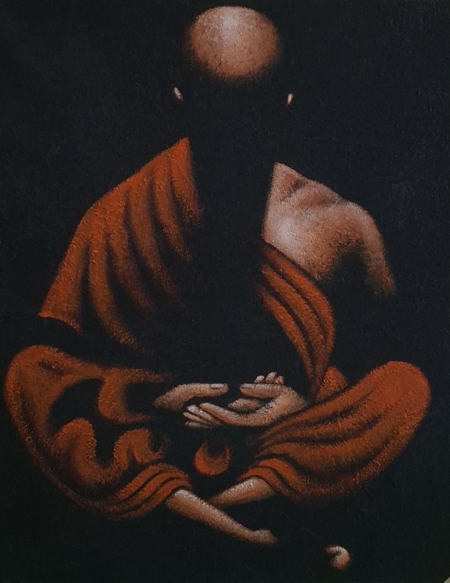 Figure in a robe with hands together in a meditative pose against a dark background