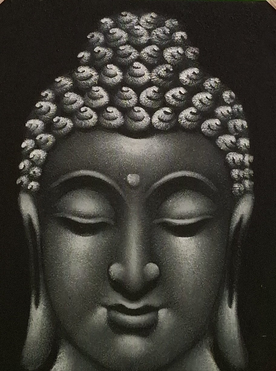 Detailed black and white drawing of a Buddha head with intricate hair design.