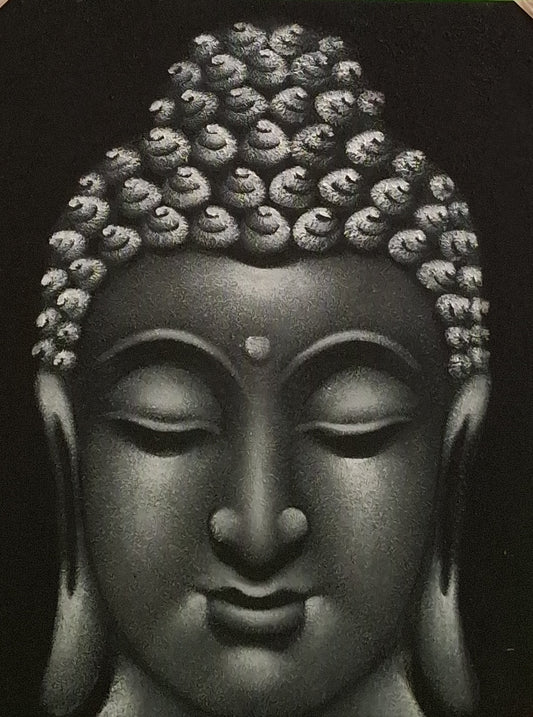Detailed black and white drawing of a Buddha head with intricate hair design.