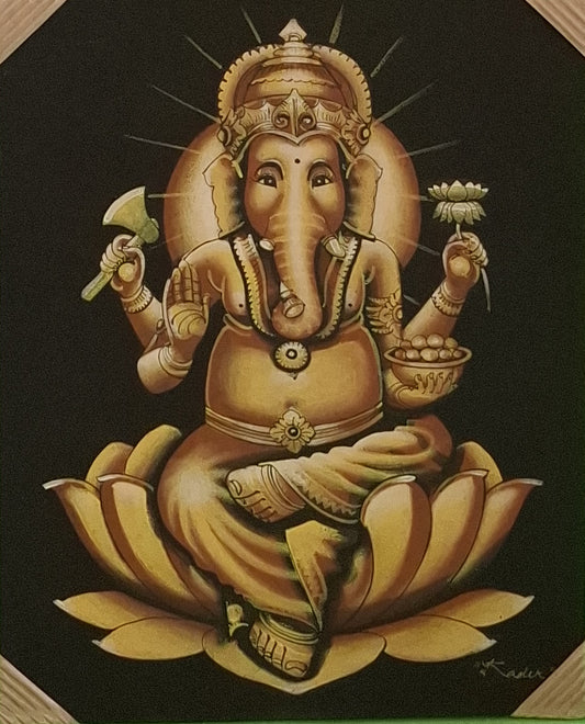 Decorative painting of a deity sitting on a lotus flower with a dark background