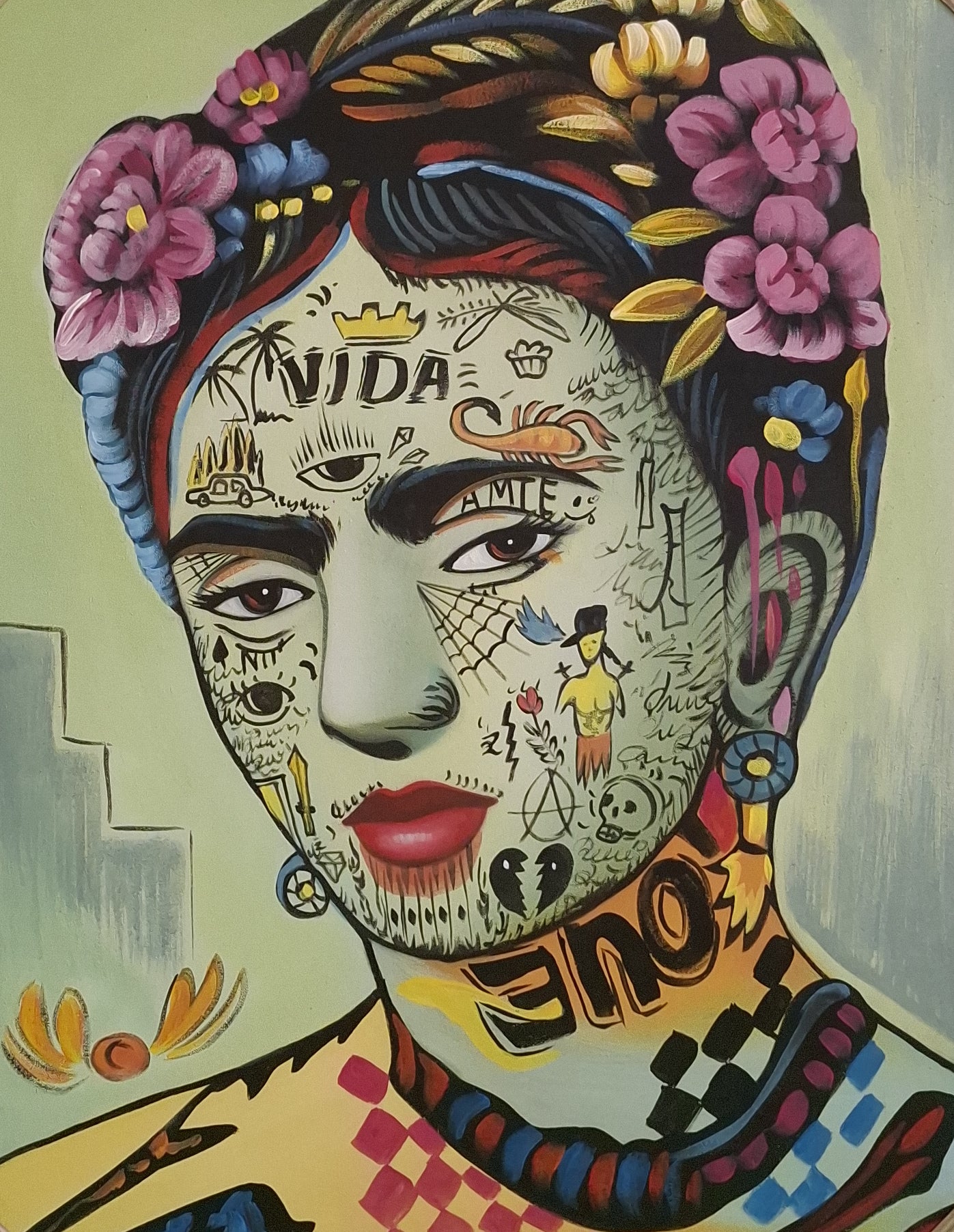 Colorful artwork of a person with tattoos and floral elements on a plain background