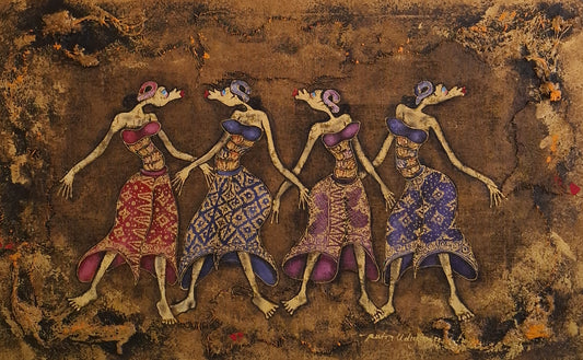 Artistic depiction of four stylized female figures in colorful dresses on a textured brown background.
