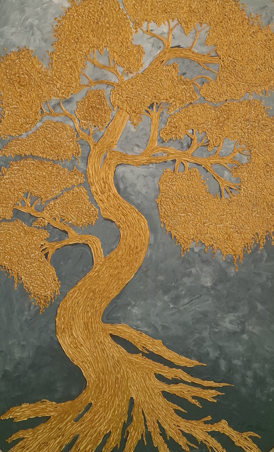 Gold embroidered tree design on a textured gray background
