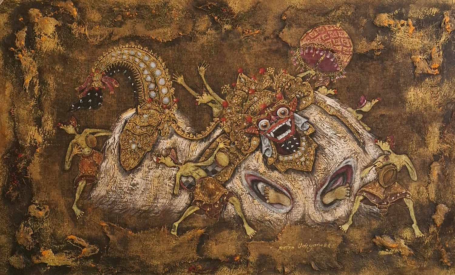 Artistic depiction of a creature with intricate details and a dark, textured background