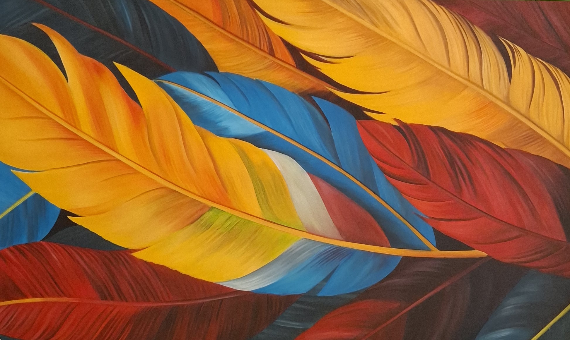 Colorful feathers in red, yellow, blue, and orange on a dark background