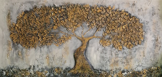Decorative wall art of a tree with gold leaves on a textured gray background