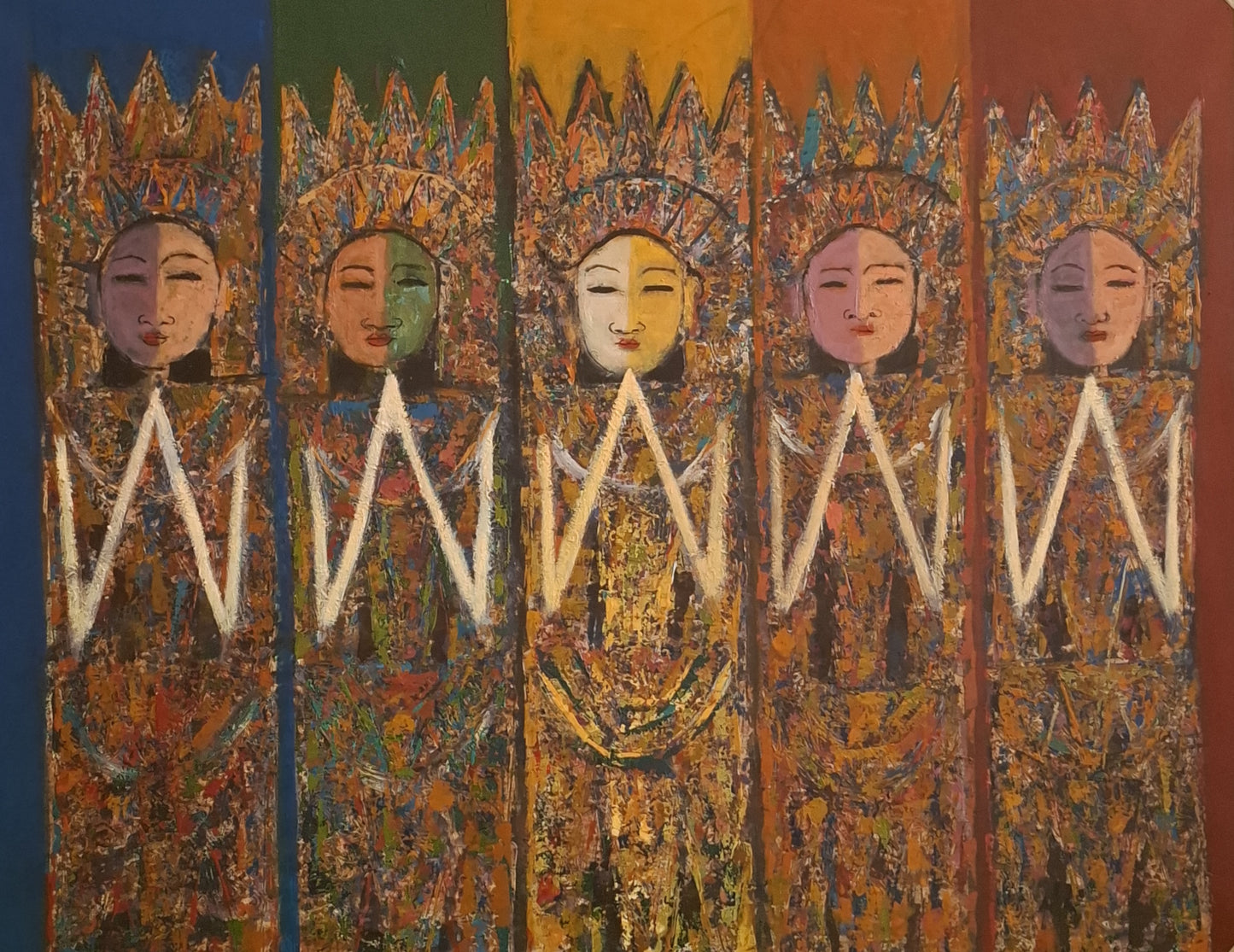 Five stylized figures with colorful headdresses and robes on a multicolored background