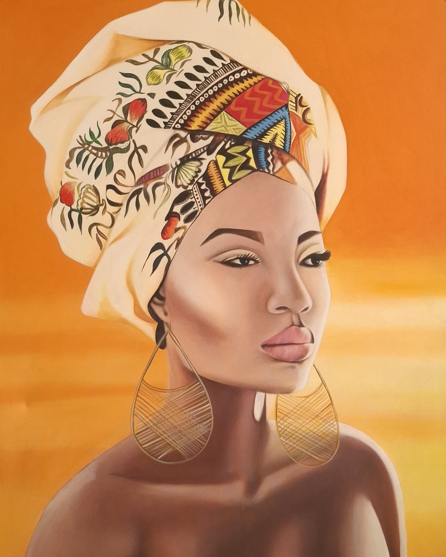 Woman wearing a colorful headscarf with intricate patterns against an orange background