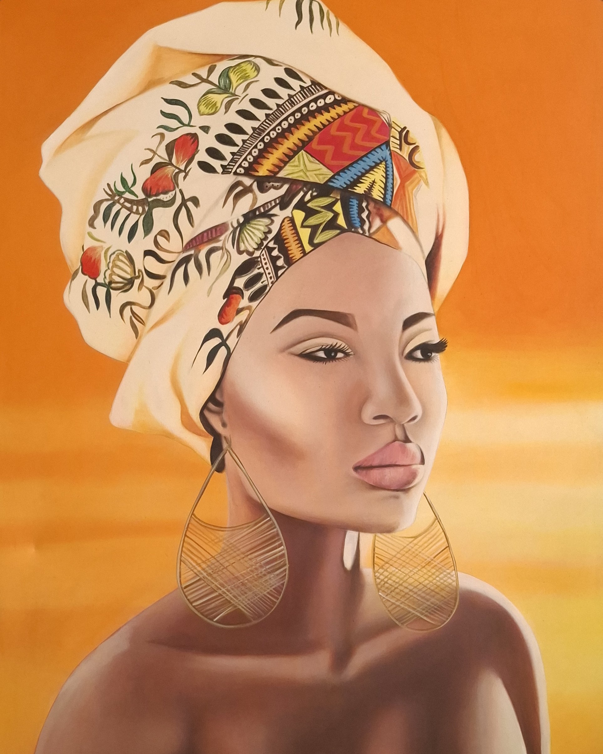 Woman wearing a colorful headscarf with intricate patterns against an orange background