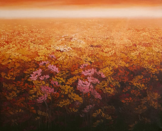 Painting of pink flowers against a warm, abstract background