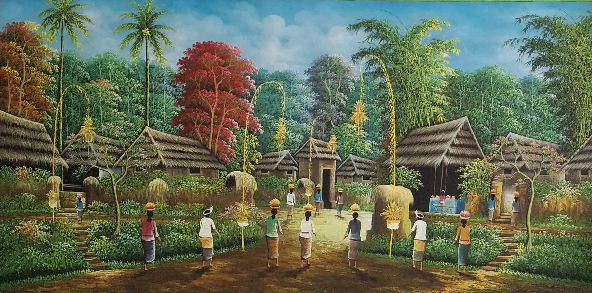Village scene with thatched-roof houses and people in a tropical setting