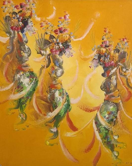 Colorful abstract artwork with floral elements on a yellow background