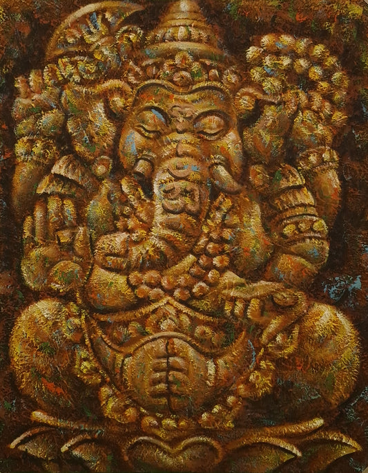Decorative relief sculpture of a deity with intricate details on a textured background