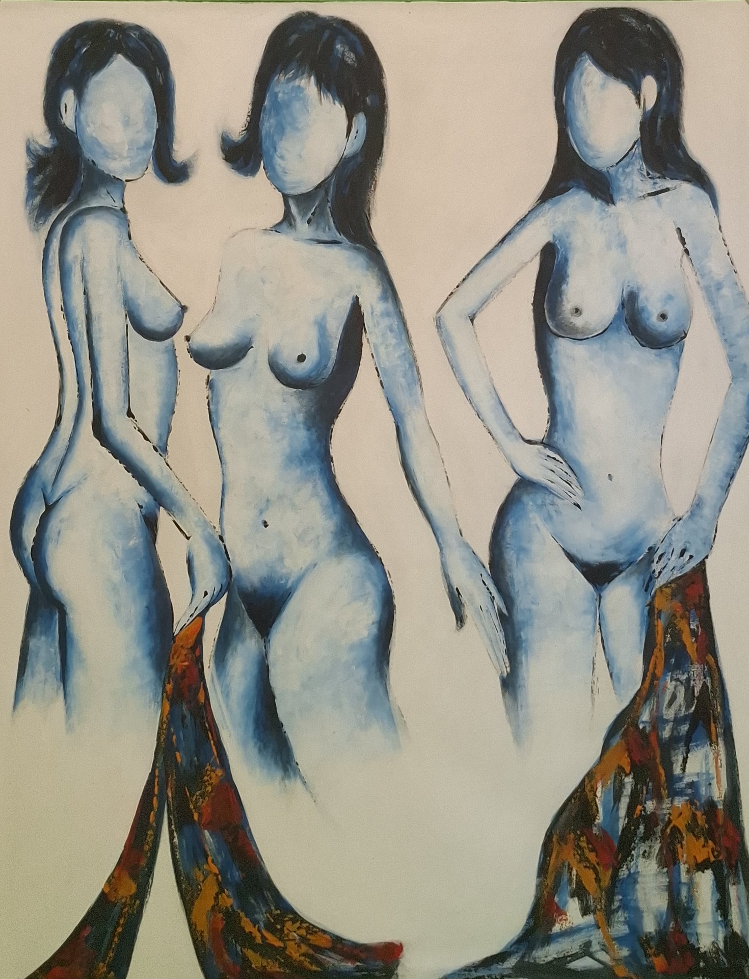 Three stylized figures with blue skin and colorful patterns on their clothing against a beige background.