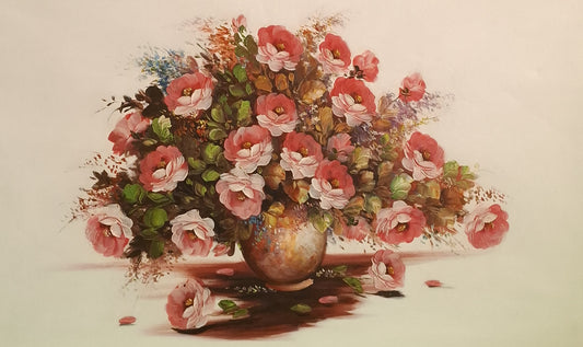 Vintage-style illustration of a bouquet of flowers in a vase on a light background