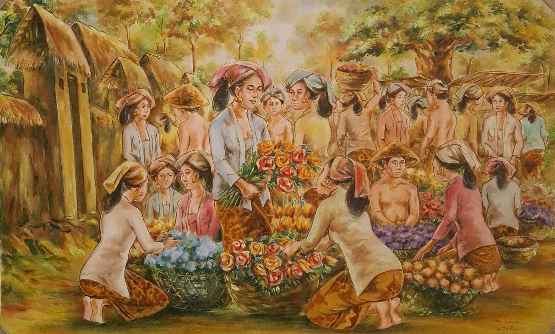 Painting of a bustling marketplace with people and flowers in a village setting.